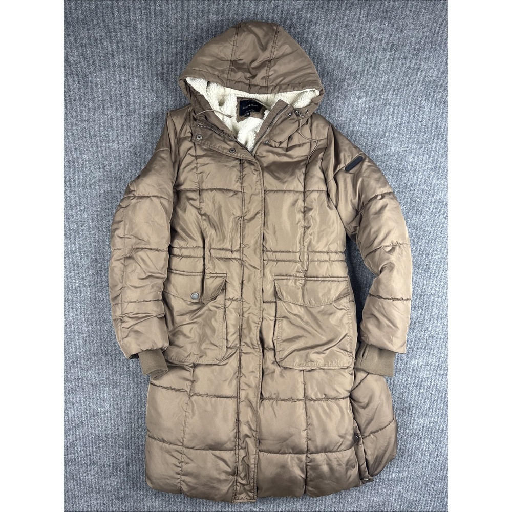 Lucky Brand Womens Quilted Puffer Jacket Brown Medium Sherpa Lined Hooded Zip Up